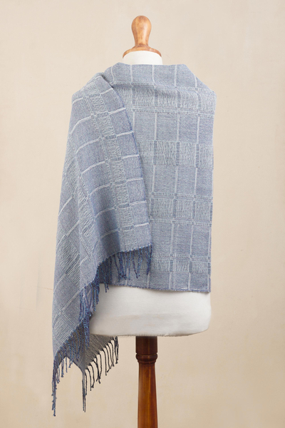 100% baby alpaca shawl, 'Whispering Blue' - Powder Blue Patterned Handwoven Baby Alpaca Shawl