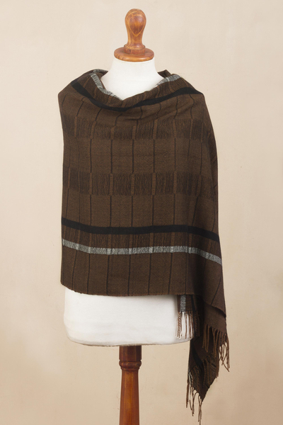 100% baby alpaca shawl, 'Chestnut Windowpanes' - Handwoven Patterned Chestnut Brown Baby Alpaca Shawl