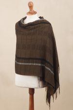 100% baby alpaca shawl, 'Chestnut Windowpanes' - Handwoven Patterned Chestnut Brown Baby Alpaca Shawl