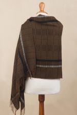 100% baby alpaca shawl, 'Chestnut Windowpanes' - Handwoven Patterned Chestnut Brown Baby Alpaca Shawl