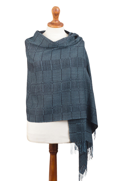 100% baby alpaca shawl, 'Whispering Navy' - Navy Blue Patterned Handwoven Baby Alpaca Shawl