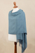 100% baby alpaca shawl, 'Whispering Azure' - Azure Blue Patterned Handwoven Baby Alpaca Shawl