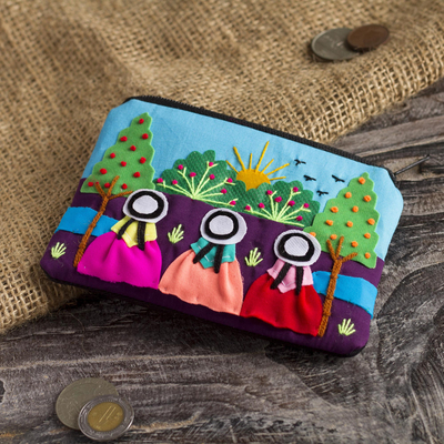 Applique cotton blend coin purse, 'A Walk in the Fields' - Applique Coin Purse Handmade in Peru