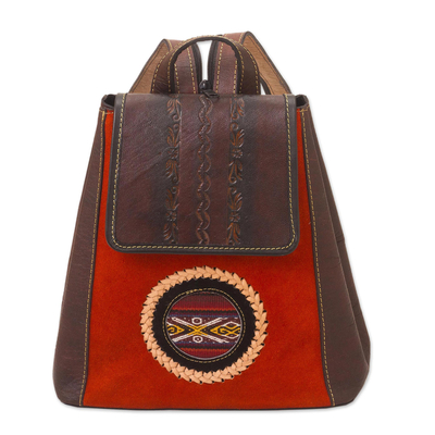 Wool-accented suede and leather backpack, 'Andean Sunset' - Leather and Suede Backpack with Wool Accent