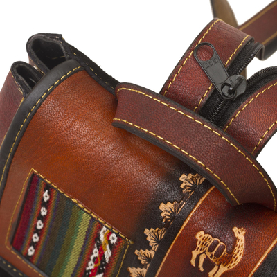 Wool-accented suede and leather backpack, 'Trip to Cusco' - Hand- Tooled Leather and Suede Backpack
