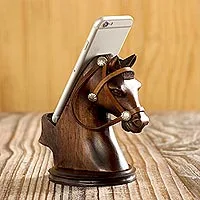 Wood cellphone holder, 'Indomitable Force' - Hand Carved Horse Cellphone Holder