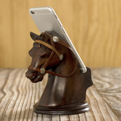 Wood cellphone holder, 'Indomitable Force' - Hand Carved Horse Cellphone Holder