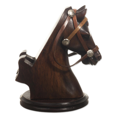 Wood cellphone holder, 'Indomitable Force' - Hand Carved Horse Cellphone Holder