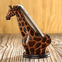 Wood cellphone holder, 'Elegant Giraffe' - Hand Crafted Giraffe Cellphone Holder
