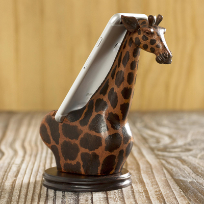 Wood cellphone holder, 'Elegant Giraffe' - Hand Crafted Giraffe Cellphone Holder