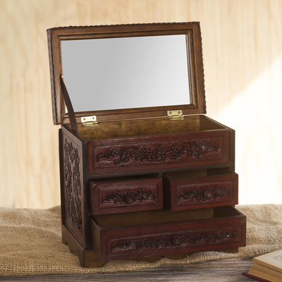 Leather and wood Jewellery chest, 'Ancestral Treasure' - Tooled Leather Jewellery Chest from Peru