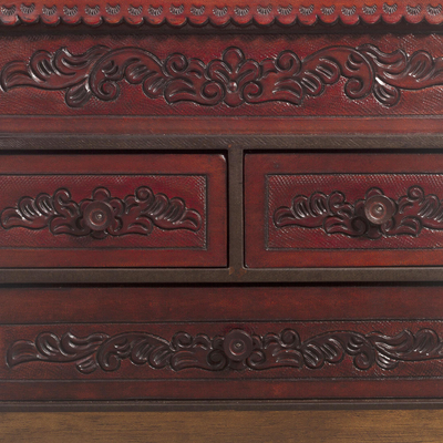 Leather and wood jewelry chest, 'Ancestral Treasure' - Tooled Leather Jewelry Chest from Peru