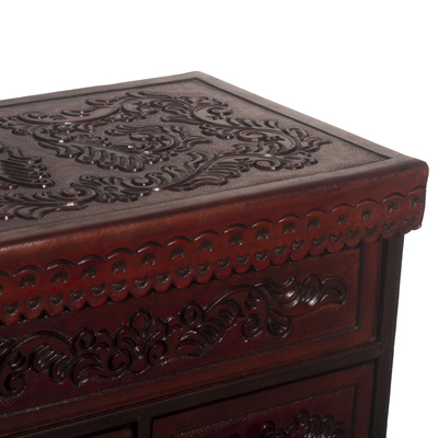 Leather and wood jewelry chest, 'Ancestral Treasure' - Tooled Leather Jewelry Chest from Peru