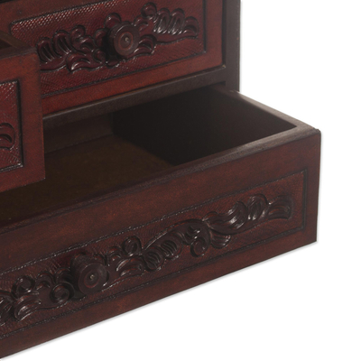 Leather and wood Jewellery chest, 'Ancestral Treasure' - Tooled Leather Jewellery Chest from Peru