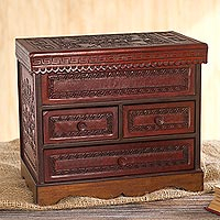 Leather and wood Jewellery chest, 'God of Staffs' - Hand Crafted Wood and Leather Jewellery Chest