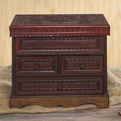 Leather and wood jewelry chest, 'God of Staffs' - Hand Crafted Wood and Leather Jewelry Chest