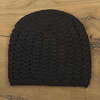 100% alpaca hat, 'Black Stars Align' - Hand-Crocheted Black Alpaca Cozy Winter Hat