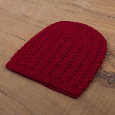 100% alpaca hat, 'Crimson Stars Align' - Hand-Crocheted Crimson Alpaca Cozy Winter Hat