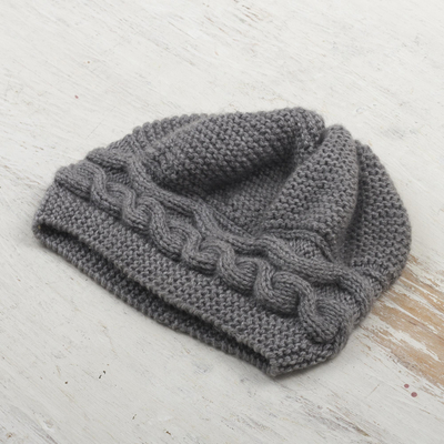 Alpaca blend hat, 'Gentle Grey Waves' - Hand-Knit Grey Alpaca Blend Cozy Winter Hat