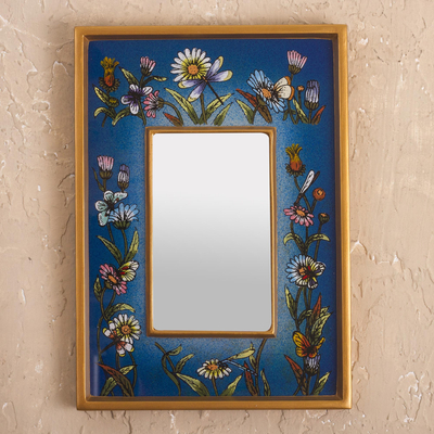 Small reverse-painted glass wall mirror, Blue Fields