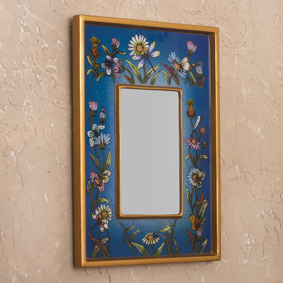 Small reverse-painted glass wall mirror, 'Blue Fields' - Hand Painted Small Glass and Wood Floral Mirror