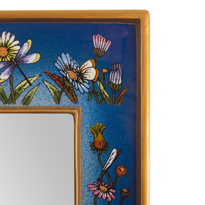 Small reverse-painted glass wall mirror, 'Blue Fields' - Hand Painted Small Glass and Wood Floral Mirror