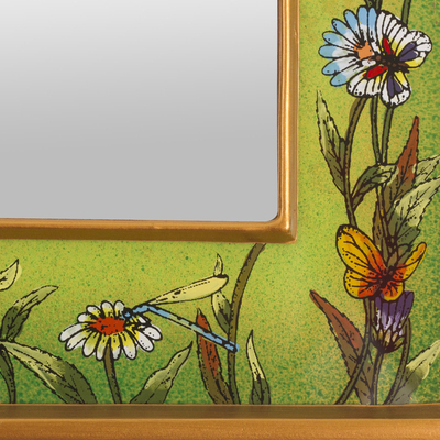 Small reverse-painted glass wall mirror, 'Green Fields' - Small Spring Green Floral Wall Mirror