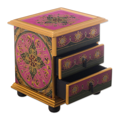 Small reverse-painted glass Jewellery chest, 'Vintage Floral in Magenta' - Hand Painted Floral Glass Mini Jewellery Chest