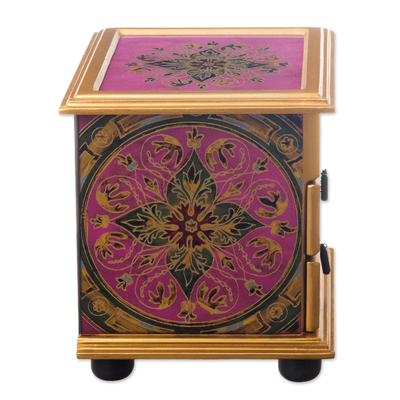 Small reverse-painted glass Jewellery chest, 'Vintage Floral in Magenta' - Hand Painted Floral Glass Mini Jewellery Chest