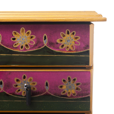 Small reverse-painted glass jewelry chest, 'Vintage Floral in Magenta' - Hand Painted Floral Glass Mini Jewelry Chest