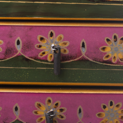 Small reverse-painted glass jewelry chest, 'Vintage Floral in Magenta' - Hand Painted Floral Glass Mini Jewelry Chest