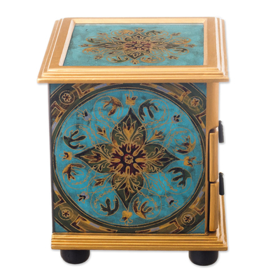 Small reverse-painted glass jewelry chest, 'Vintage Floral in Turquoise' - Artisan Crafted Small Reverse-Painted Glass Jewelry Chest