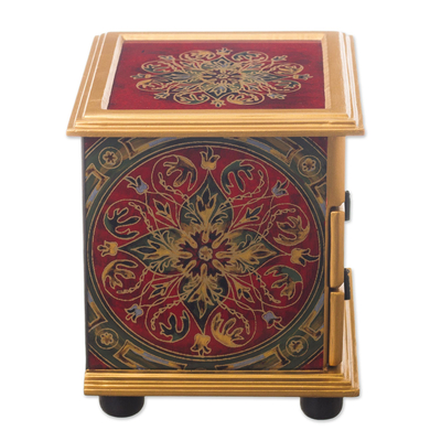 Small reverse-painted glass jewelry chest, 'Vintage Floral in Red' - Mini Jewelry Chest in Reverse-Painted Glass