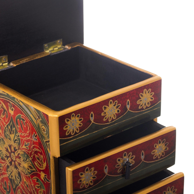 Small reverse-painted glass Jewellery chest, 'Vintage Floral in Red' - Mini Jewellery Chest in Reverse-Painted Glass
