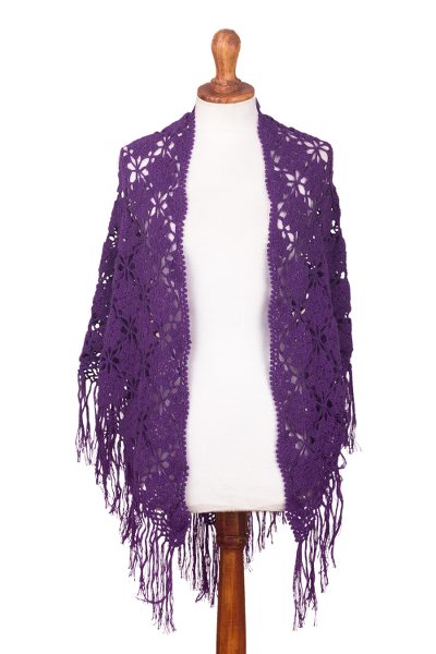100% alpaca shawl, 'Purple Poinsettias and Pinwheels' - Purple Alpaca Shawl Hand Crocheted with Stars and Pinwheels