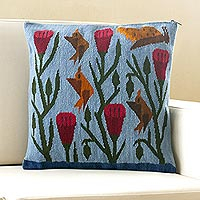 Wool cushion cover, 'Birds and Flowers in Sky Blue' - Blue Floral Wool Cushion Cover from Peru