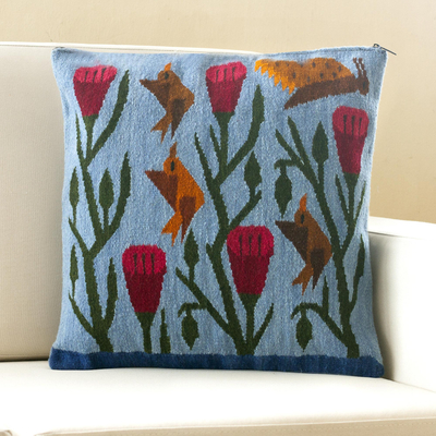 Wool cushion cover, Birds and Flowers in Sky Blue