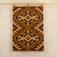 Wool tapestry, 'Chakana in Brown' - Brown Chakana Cross Wool Tapestry