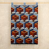 Wool tapestry, 'Floating Geometry' - 100% Wool Optical Illusion Wall Tapestry