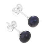Cultured pearl stud earrings, 'Perfectly Dark' - Artisan Crafted Dark Grey Cultured Pearl Studs