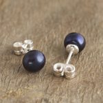 Cultured pearl stud earrings, 'Perfectly Dark' - Artisan Crafted Dark Grey Cultured Pearl Studs