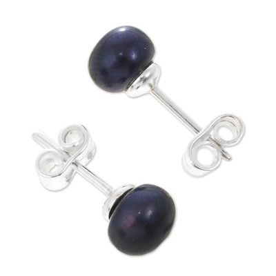 Cultured pearl stud earrings, 'Perfectly Dark' - Artisan Crafted Dark Grey Cultured Pearl Studs