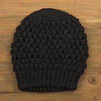 100% alpaca hat, 'Bubbly Black' - Hand-Crocheted Bubble Pattern Black Alpaca Cozy Winter Hat
