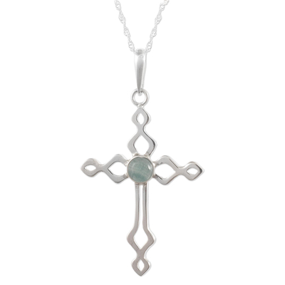 Opal pendant necklace, 'Faith and Devotion' - Sterling Silver and Opal Cross Necklace