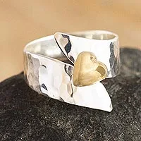 Gold-accented sterling silver cocktail ring, 'Love on the Line' - Hammered Silver and Gold Flashed Cocktail Ring