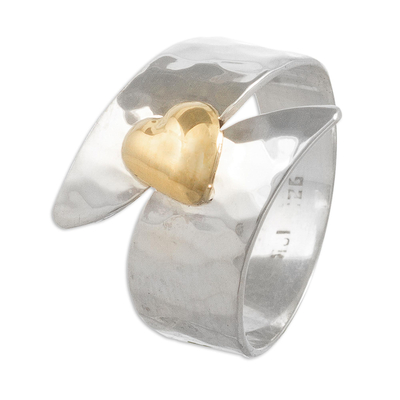 Gold-accented sterling silver cocktail ring, 'Love on the Line' - Hammered Silver and Gold Flashed Cocktail Ring