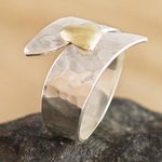 Gold-accented sterling silver cocktail ring, 'Love on the Line' - Hammered Silver and Gold Flashed Cocktail Ring
