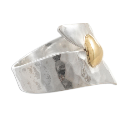 Gold-accented sterling silver cocktail ring, 'Love on the Line' - Hammered Silver and Gold Flashed Cocktail Ring