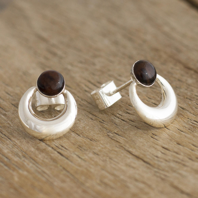 Mahogany obsidian drop earrings, 'Crowned Crescent' - Handmade Mahogany Obsidian and Silver Drop Earrings