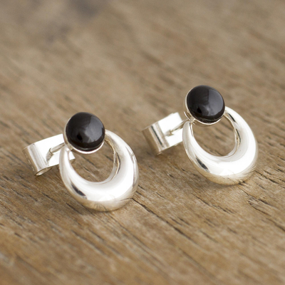 Obsidian drop earrings, 'Crowned Crescent' - Black Obsidian and Sterling Silver Drop Earrings